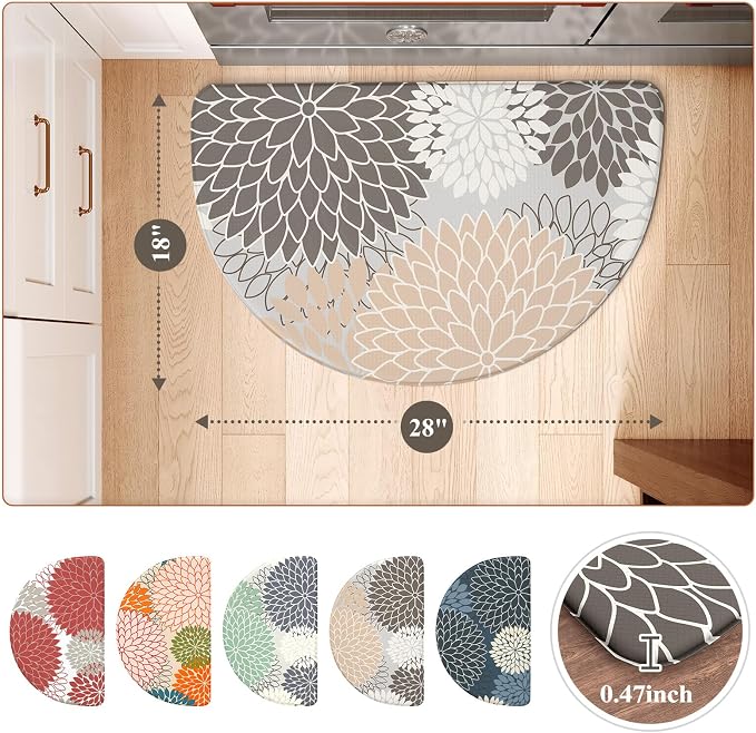 KIMODE Half Circle Kitchen Mats for Floor Cushioned Anti Fatigue Semi Round | Half Round,28"x18",Dahlia Boho,Pink,Kitchen Rug Non Slip ,Waterproof Sink Floor Mat Carpet Decor for Laundry Bathroom