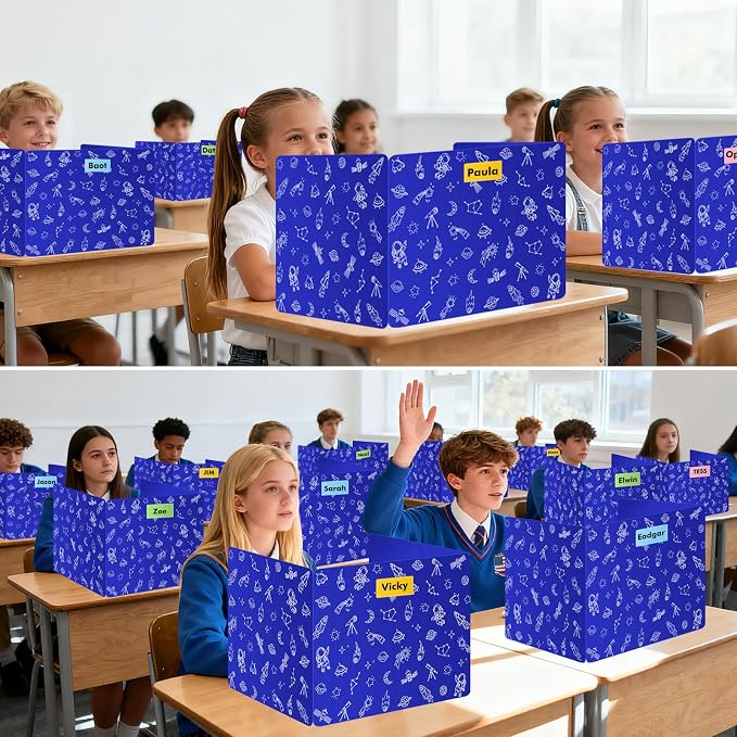 Blue 24-Pack Desk Dividers for Students, Space Style Plastic Study Carrel Divider, Durable Testing Dividers for Classroom Teacher Supplies, Easy to Clean Privacy Shield Folder Boards for Student Desk