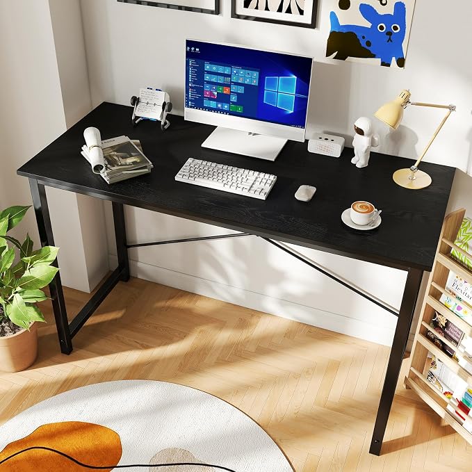 DUMOS 47 Inch Computer Desk for Home Office, Modern Writing Study Table Simple Modern Style for Bedroom Small Space, Large Work Desks with X-Shaped Reinforcement, Wood Brown
