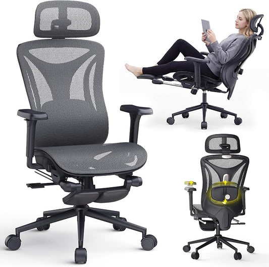 CYKOV Ergonomic Office Chair with Footrest - Adjustable Lumbar Support & Headrest, 90-160° Reclining Mesh Back Computer Chair - Home Office/Gaming, 350lbs Capacity (SGS Certified) (B-Grey, Mesh)