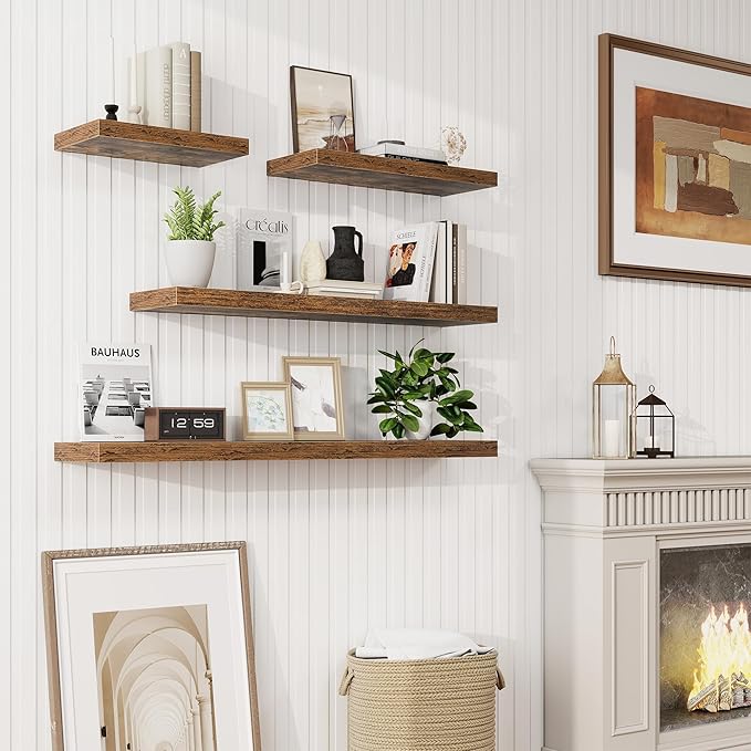 Marsmiles 36in Floating Shelves for Wall, 36" W x 9.25" D x 1.25" H, 2 Pack Long Wall Mounted Engineered Wood Shelves with Invisible Brackets for Living Room, Bedroom, Bathroom, Kitchen, Rustic Brown
