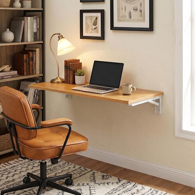 Need Wall Mounted Desk - Heavy Duty Folding Work Table Length 36" Width 20"/Small Space Hanging Desk Perfect Addition to Home/Office/Kitchen & Dining Room Teak&White AC15-9050TW-ND