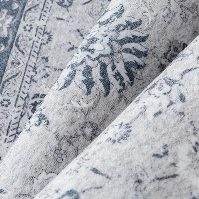 PureCozy 6x9 Area Rug Blue Washable Vintage Carpet Living Room Bedroom Large Non Slip Stain Soft Resistant Low Pile Thin Boho Accent Indoor Throw Rug for Dining Room Office
