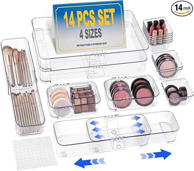 Aneco 14 Pieces Extendable Clear Drawer Organizer Adjustable Vanity Storage Box 4-Size Desk Drawer Divider Acrylic Storage Bins for Makeup, Cosmetic, Jewelries, Bedroom Kitchen Utensils Gadgets