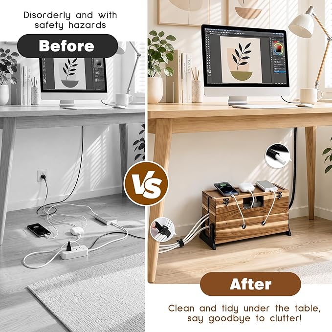 Extra Large Cable Management Box, 14.2-Inch Acacia Wood Cord Hider Box with Dual Locks and Magnetic Lid, Power Strip Cover and Cable Organizer for Desk, Floor, TV Wires and Home Office