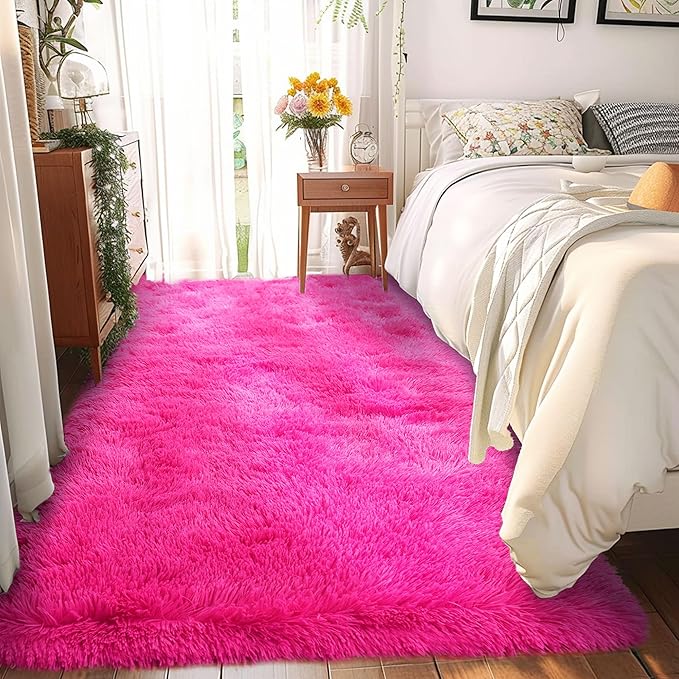 Awaytail Fluffy Rug Runner 2x4, Super Soft Hot Pink Bedside Runner, Non-Slip Hallway Decor