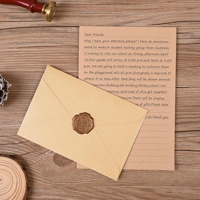 48 Pieces Stationery Set with Envelopes (24 Kraft Paper Sheets + 12 Linen Texture Envelopes+12 Wax Seal Stickers), Stationery Letter Writing Paper Set for Love Letters and Party Invitations (Yellow)
