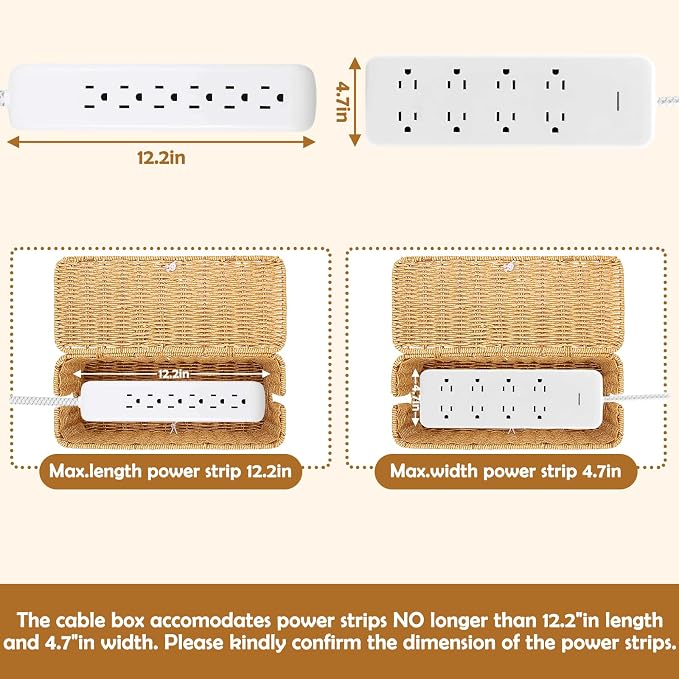 Cable Management Box, Handmade Rattan Cable Organizer Cord Basket | Open Slots Cords Hider Box Under Desk Cord Organizer for Computer Router USB Hub & Power Strip