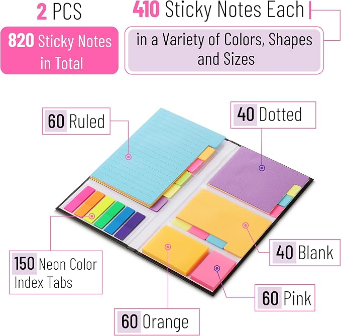Mr. Pen- Sticky Notes Set, 2 Sets, 820 Pack, Ruled | Dotted & Blank Notes with 150 Index Tabs, Divider Sticky Pads for Bible Study, Office, School, Planning