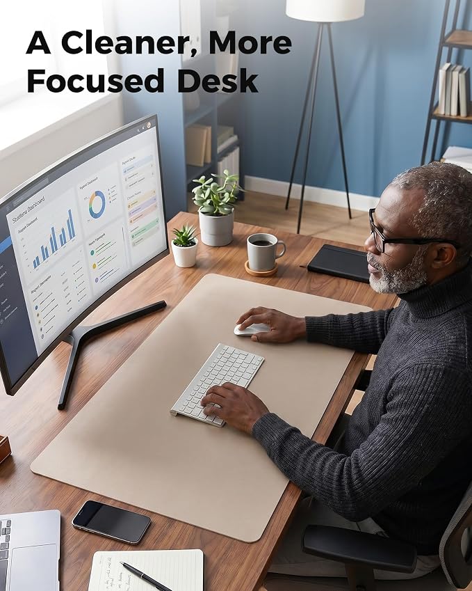 Aothia Dual-Sided Desk Mat, FSC Cork & PU Leather Desk Pad, Large Mouse Pad & Writing Surface for Full Desk Coverage, Non-Slip Waterproof Desk Protector - 47" x 23.6", Cream