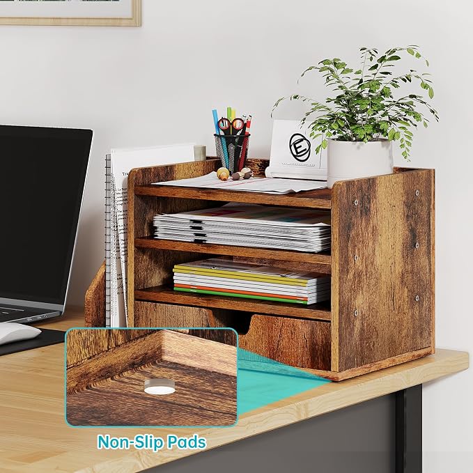 Wood Desk File Organizer with Side File Rack, Space-Efficient Design Easy to Assemble for Efficient Office Setup, Reduces Desk Clutter (Brown)