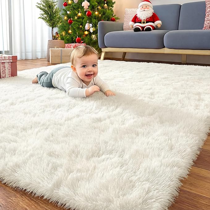 OLANLY 7x10 Machine Washable Large Area Rugs for Living Room, Bedroom, Soft Fluffy Shaggy Bedside Rug, Indoor Floor Carpet for Kids Girls and Boys, Dorms, Nursery, Home Decor Aesthetic, Ivory