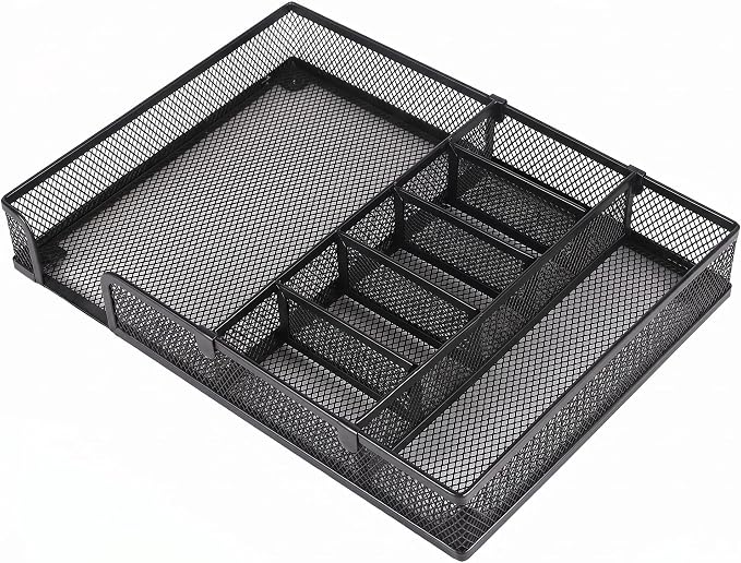 Metal Mesh Desk Drawer Organizer, Desk Organizer Tray with Adjustable Compartments, 4 Dividers Drawer for Office Supplies and Home