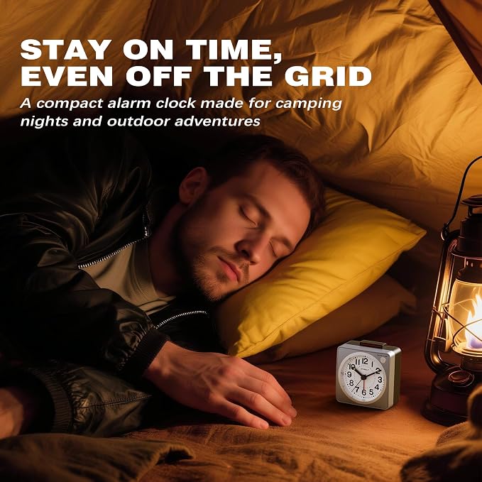 AYRELY® 2.6" × 1.4" Ultra Small Battery Operated Analog Travel Alarm Clock | Silent Non-Ticking Retro Bedside Table Clock with Snooze, Light and Easy Top Alarm Switch for Travel and Bedrooms (Silver)