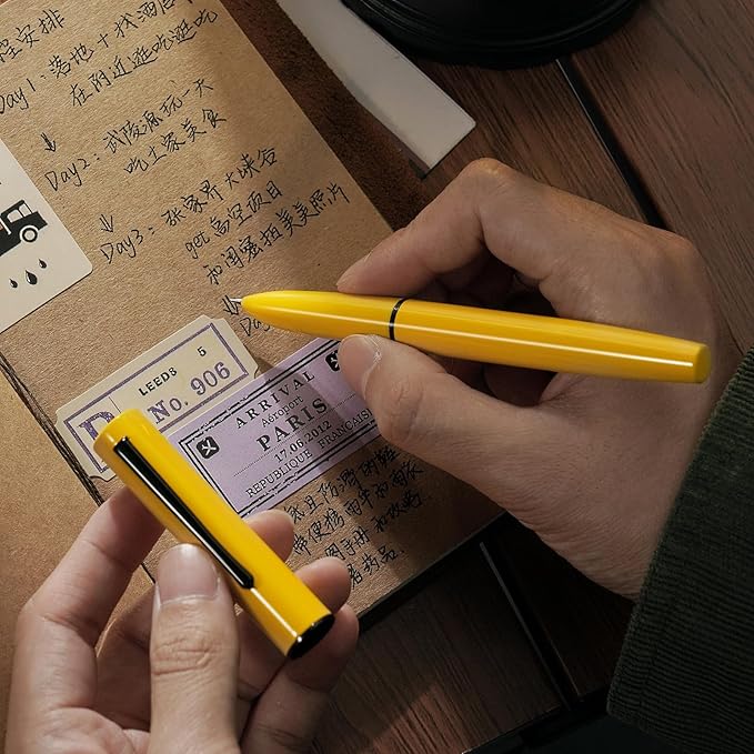 HONG DIAN C1 Fountain Pen Fine Nib, Lemon Yellow & Classic Retro Design Metal Pen with Ink Converter