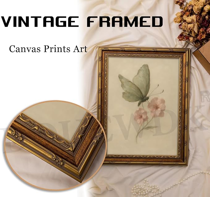 Vintage Gold Framed Wall Art, Retro Butterfly and Pink Flower Oil Painting Canvas Prints, Beige Insect Picture, Rustic Farmhouse Moth Cottagecore Poster Artwork for Living Room Bedroom Bathroom