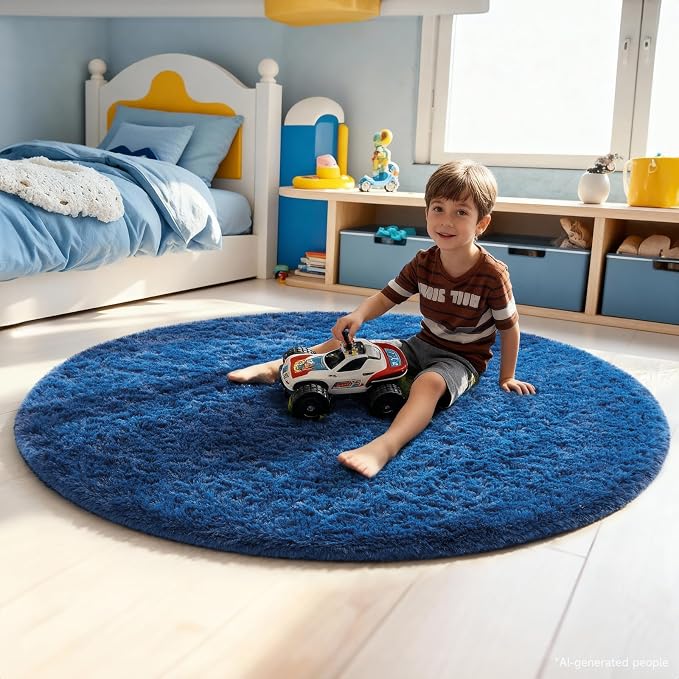 Ophanie Round Rug 5Ft Blue Circle Area Rug, Boys Room Decor, Fluffy Fuzzy Bedroom Carpet, Plush Soft Shaggy Living Room Rugs for Kids Home Aesthetic, Nursery with Over 99 pcs Pile fibers