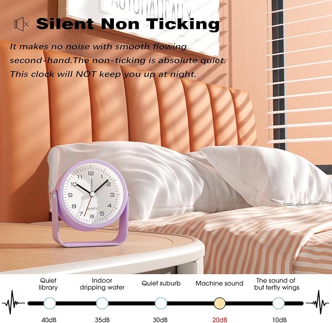 AYRELY® 3.5" Small Analog Travel Alarm Clock, Battery Operated Desk Clock | Cute Table Clock with Light, Adjustable Angle, Bedside, Bedrooms, Kids' Rooms and Living Room Decor (Purple)
