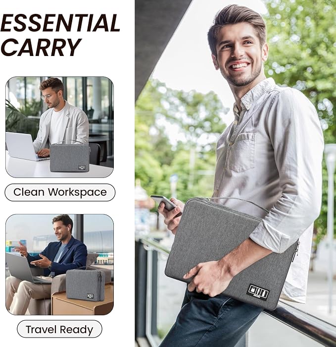 Large Electronic Organizer Travel Case, Double Layer Tech Accessories Bag with 3 DIY Adjustable Dividers, Waterproof Padded Cable Storage Pouch for Camera Gear, Power Bank, Hard Drive, Mouse