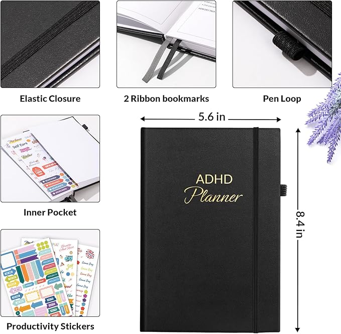 SUNEE Adhd Daily Planner for Adults,3-Month Undated Daily Weekly Monthly Planner for Productivity, Goal Setting, Time Management, Work & Life - for Men & Women,Vision Board + Stickers,Black