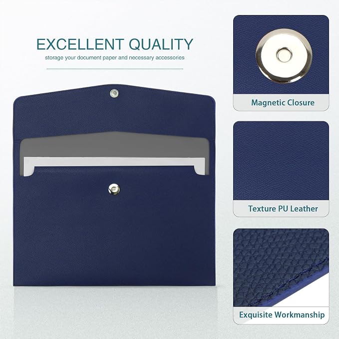 FYY File Folder, PU Leather A4 Document Holder File Organizer Filing Envelope Portfolio Case Tablet Sleeve with Magnetic Snap Closure for Home School Office Stationery DarkBlue