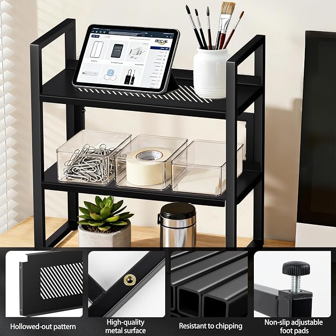 Brakki Desk Shelf Organizer, 2-Tier Desktop Bookshelf, Small Office Shelf | Adjustable Shelf, Metal Desktop Rack for Dorm, with Foot Mat, Multi-Functional Organization, Black