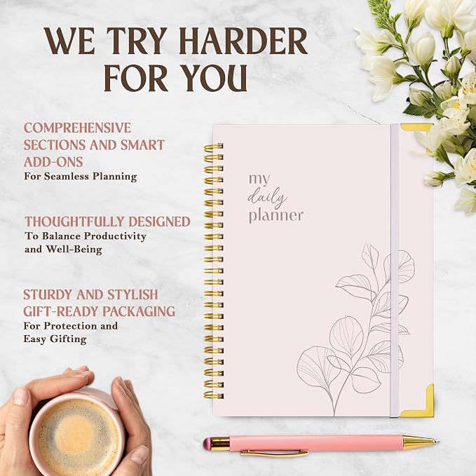 Decorably 120 Pages My to Do Planner Undated Notebook with Gold Corners, 6.4x8.5in Aesthetic Spring-Bound with Simplified Sections & Inspirational Quotes, Checklist, Contacts - Home, School, Office