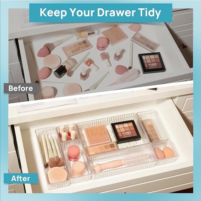 Vtopmart 7 PCS Clear Makeup Drawer Organizers Bins, 4-Size Stackable Makeup and Vanity Organizer Trays, Acrylic Bathroom Storage Containers for Cosmetic, Toiletries, Office Supply, Utensils, Gadgets | Vanity Organizer Trays for Makeup, Cosmetics, Jewel...