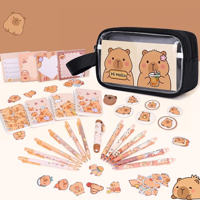 Capybara Backpack for School Girls, 30PCS Capybara Gifts School Supplies Stationery Set with Lunch Box Pencil Case Pens Pencils Notebook Cartoon for Kindergarten Elementary Student(Black)