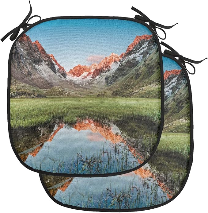 Lunarable Rustic Chair Cushion Pads Set of 2, Snowy Peaks Mirroring in Lake Surrounded by Meadow Below Stubai Alps Austria Image, Anti-Slip Seat Padding for Kitchen & Patio, 16"x16", Multicolor