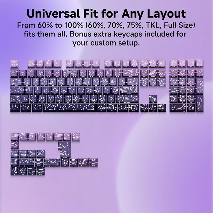 133 Aesthetic Shine Through PBT Keycaps, Purple Gradient, Long Lasting & No Fade, Modern Topographic Keycaps for Mechanical Keyboard - Ergonomic (Doubleshot, MX, Fit All Layout,Cherry)