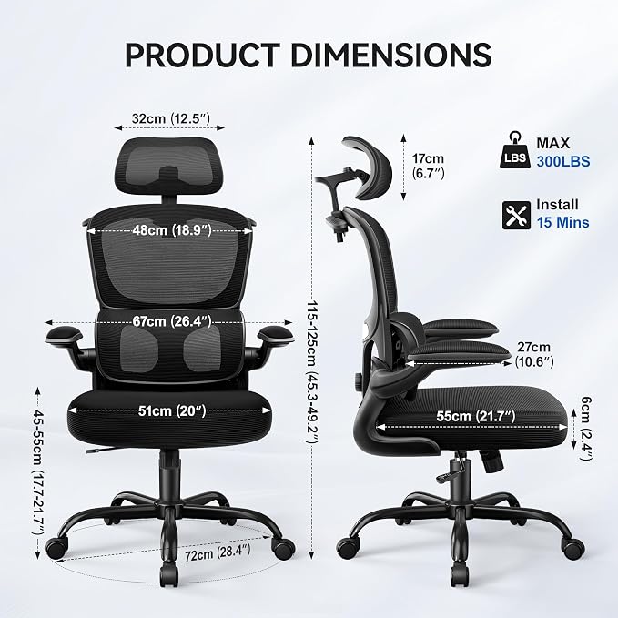 ALLGOD Ergonomic Office Chair, Mesh Desk Chair with Lumbar Support, High Back Home Office Chair with Adjustable Headrest and Flip-Up Arms, Comfortable Computer Chair, Thick Cushion, 300 LBS, Black
