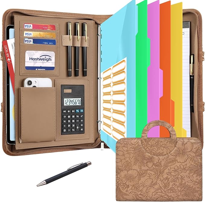 Portfolio Binder - 3 Ring Binder with Magnetic Handle, Vegan Leather Business Padfolio Folder with Notepad, Includes 5 Dividers with 10 Pockets for Documents Files