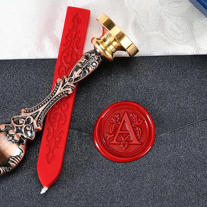 Wax Seal Stamp kit, Envelope Wax Seals DIY Kit - Retro Sealing Wax Candle + Classic Initial Alphabet Seal Wax Seal Stamp Letter A - in Blue Gift Box