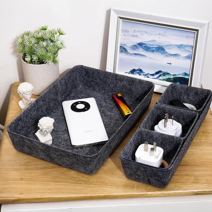 Desk Drawer Organizer Bins, 8pcs Felt Shallow Bathroom Storage Trays, Office Accessories & Workspace Organizers Jewelry & Makeup Boxes Containers(Black)