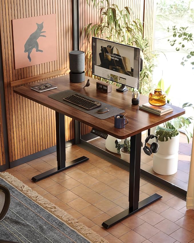 CubiCubi 40 x 24 Small One-Piece Standing Desk, Adjustable Height Electric Computer Sit Stand up Home Office Workstation, with 4 Memory Presets, Headphone Hook, Black Walnut