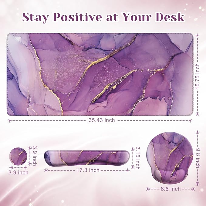 iCasso Purple Ergonomic Large Mouse Pad with Wrist Support, 4in1 XXL Desk Mat Set- Keyboard Wrist Rest + Mouse Wrist Rest + Coaster, Marble Style Desk Pad Mousepad
