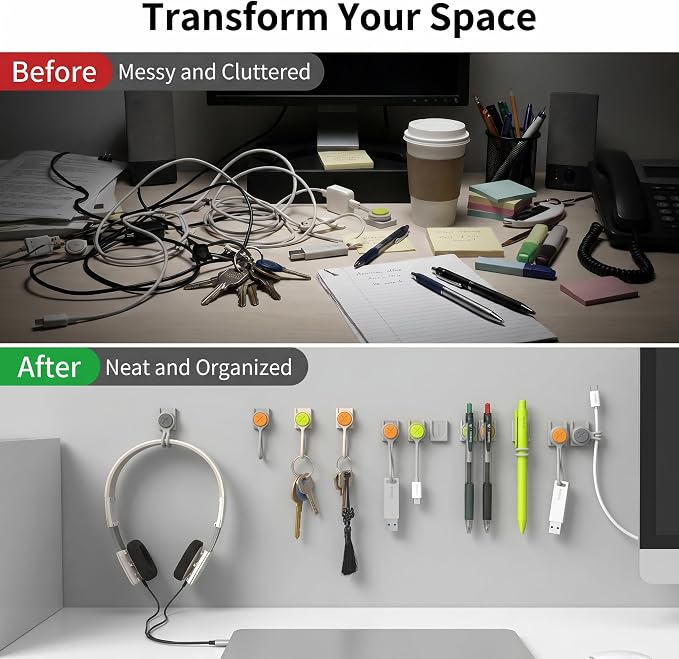 Magnetic Cable Organizer Starter Kit with Magnetic Cable Clips and Reusable Silicone Ties, Modular Storage System for Cords, Keys, Earbuds and Food Bags
