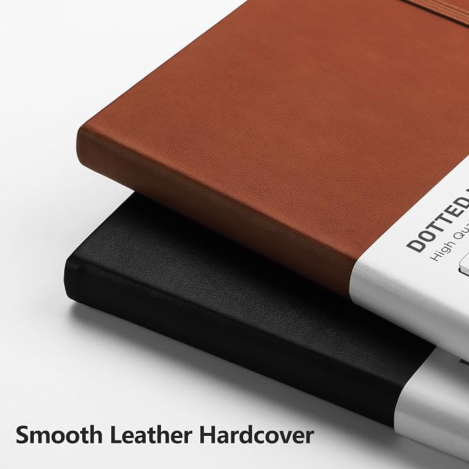 RETTACY Dotted Journal Notebook, 320 Numbered Pages, A5 Medium Size (5.7'' × 8.3''), Leather Hardcover, 100 GSM Thick Paper, for Journaling, Planning, Tracking (Brown)