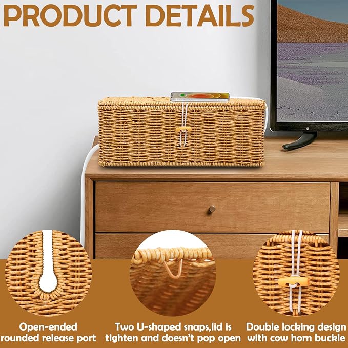 2PCS Cable Management Box, Handmade Rattan Cable Organizer Cord Basket | Open Slots Cords Hider Box Under Desk Cord Organizer for Computer Router USB Hub & Power Strip
