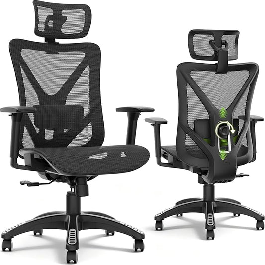 ELABEST T23 Ergonomic Mesh Office Chair, High Back Computer Desk Chair, Breathable AirMesh with Dual-Move Lumbar Support, 3D Armrests & Headrest, Tilt Lock,Big and Tall for Home Office(Onyx)