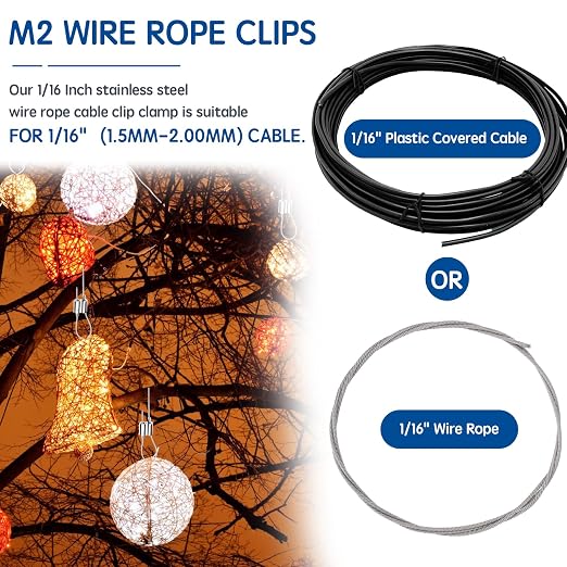 24 PCS Wire Clamp Tool Kit - 8 M2 Two-Way Wire Rope Cable Clips, 8 M3 Stainless Steel Thimbles, 8 M3 Aluminum Crimping Loop Sleeves for 1/16" Wire Rope Rigging, Tent Rope, Guard Railing for Outdoors