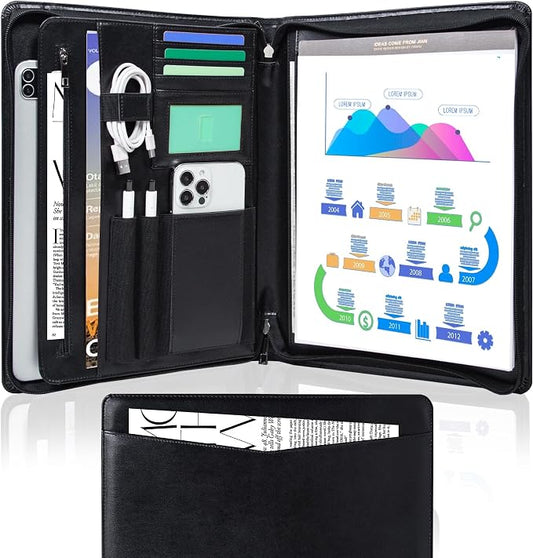 Calfinder Leather Padfolio with Zipper, Professional Business Padfolio for Women,Leather Portfolio for Men,Portfolio Binder for Ipad,Document and Resume,Gift for Valentine's Day