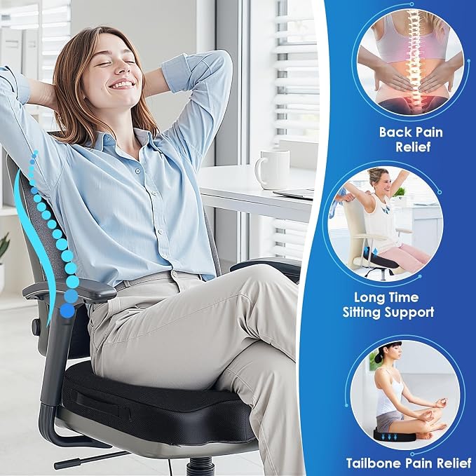TushGuard Seat Cushion for Office Chair, Car, Memory Foam, Black Large | For Back, Coccyx, Sciatica, Tailbone Pain, Ergonomic Design, Non-Slip, Desk Wheelchair Use, Supportive Butt Pillow, For Man
