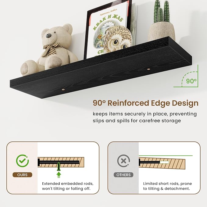 36in Floating Shelves for Wall, 36"W x 9.25"D x 1.25"H, 2 Pack Long Wall Mounted Engineered Wood Shelves with Invisible Brackets for Living Room, Bedroom, Bathroom, Kitchen Decor and Storage, Black