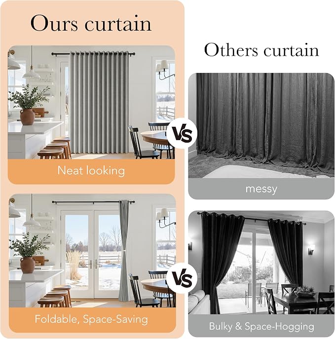 RYB HOME Accordion Style Room Divider Curtain-100% Blackout Folding Accordion Curtain for Sliding Glass Door/Bedroom, Privacy Assurd Living Room/Office Drape 1 Panel with Tieback, W100 x L108, Grey