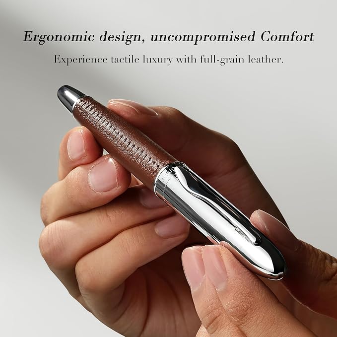 BEILUNER 318 Luxury Leather Pen, Hand-Stitched Premium Leather, Chrome-Plated Finish, Smooth Black Ink Refill, Fancy Rollerball Pen Gift Set for Men & Women, Executive Writing, Nice Designer pen