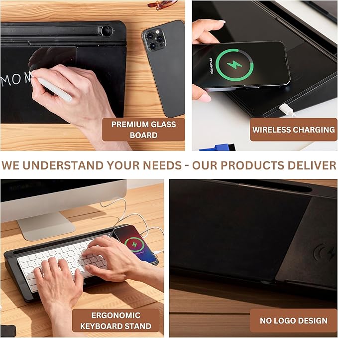GAROOD Desktop Dry Erase Board with Storage Wireless Charger Black Color Desk White Board Desk Board Glass Desktop Board with Stand Home Office Organizer Phone Holder 15.8X7X2 inches