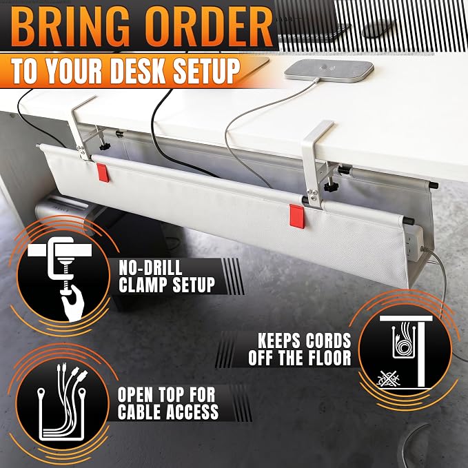 Under Desk Cable Management Tray 36" — No Drill Clamp-On Cord Organizer for Desk with Built-in Ties, Heavy Duty Metal Clamp, Foldable 600D Oxford Fabric for Home Office, WFH & Gaming PC Setup (White)