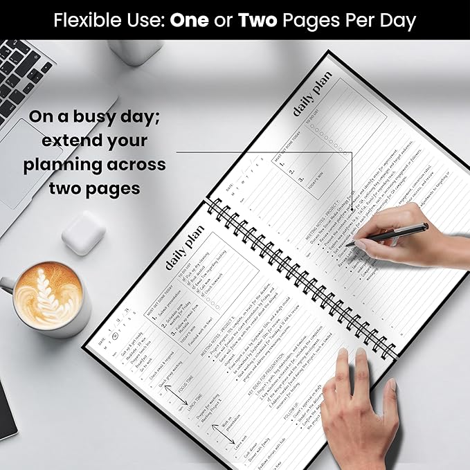 Undated Daily Planner | 2026 Calendar | Large Daily and Monthly Planner with Hourly Schedule, 8.5" x 11" | 6 Month, Full Page a Day, To do List, Time Blocking, Black Aesthetic Hardcover Spiral Notebook
